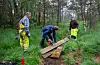 Pensjonistane Inge Mjånes, Johannes Lie og Steinar Jacobsen har ein stor del av æra for at Auklandshamn Bygdalag snart er ferdig med sin del av dugnadsarbeidet på Nipastien. Foto: Einar Vestvik
