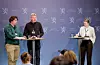 Bøndene – her ved leiar Tor Jacob Solberg (til venstre) i Norsk Bonde- og Småbrukarlag og leiar Bjørn Gimming i Norges Bondelag – er ikkje fornøgde med tilbod frå staten i jordbruksoppgjeret. Ekspedisjonssjef Viil Søyland (t.h.) kalla det «eit godt tilbod» då ho presenterte det måndag.