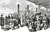 Norske emigrantar i kø for å registrere seg ved framkomst i New York. Dei hadde ennå ei lang og strevsam reise framfor seg. Mange visste ikkje kor store avstandane var i Amerika, og mange hadde teke med seg for lite pengar til å kunne betale for reisa fram til det endelege målet.