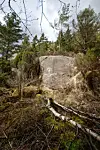 Slik ser krossen ut frå stien. I følgje Gards og ættesoge for Sveio, band 3, var det ein Peder Torkjelson Leirvik (1808-1878) på Kvalvåg. Kan det ha vore han som gjekk rundt i bygdene med malarkosten?