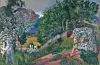 Måleriet «Vårkveld i Jølster» frå 1926. Nikolai Astrup henta motiva sine frå Jølster-området og hadde som mål å gjenskape dei sterke naturinntrykka han hadde derifrå. Her plukkar kona Engel rabarbra. Ho har på seg kjolen som står utstilt i galleriet i dag.