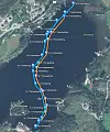 Koordinatar frå målingar plotta i kart: Det er teikna inn strekar mellom punkta for å illustrera at røyr ikkje kryssar kvarandre. Blå strek er 180 mm vassleidning, oransje strek er 120 mm pumpeleidning.