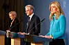 Statsminister Jonas Gahr Støre (Ap), helse- og omsorgsminister Ingvild Kjerkol (Ap) og justis- og beredskapsminister Emilie Enger Mehl (Sp) på pressekonferansen til regjeringa om flyktningar frå Ukraina. Foto: Terje Bendiksby / NTB / NPK