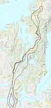 Kartutsnittet frå Sveio viser den 400 meter breie korridoren gjennom som blir bandlangt i mange år i samband med planleggingsarbeidet.