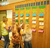 I tillegg til utstillingane frå dei ulike verdsdelane, hadde elevane laga ein vegg med informasjon om dei store verdsreligionane. Her møter me f.v. Karina Stueland (delvis skjult), Ida Bjelland, Leah Kvestad Bårdsen, Ella Solsvik Økland og Linnea Hoel Sakseid.