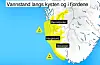 Det er sendt ut gultfarevarsel for høg vasstand i sørlege delar av Vestland og heile Rogaland. Kart: Meteorologisk institutt