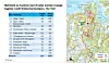 Kart med raud turrute og tabell over eit nettverk av turstiar mellom fleire bygder.